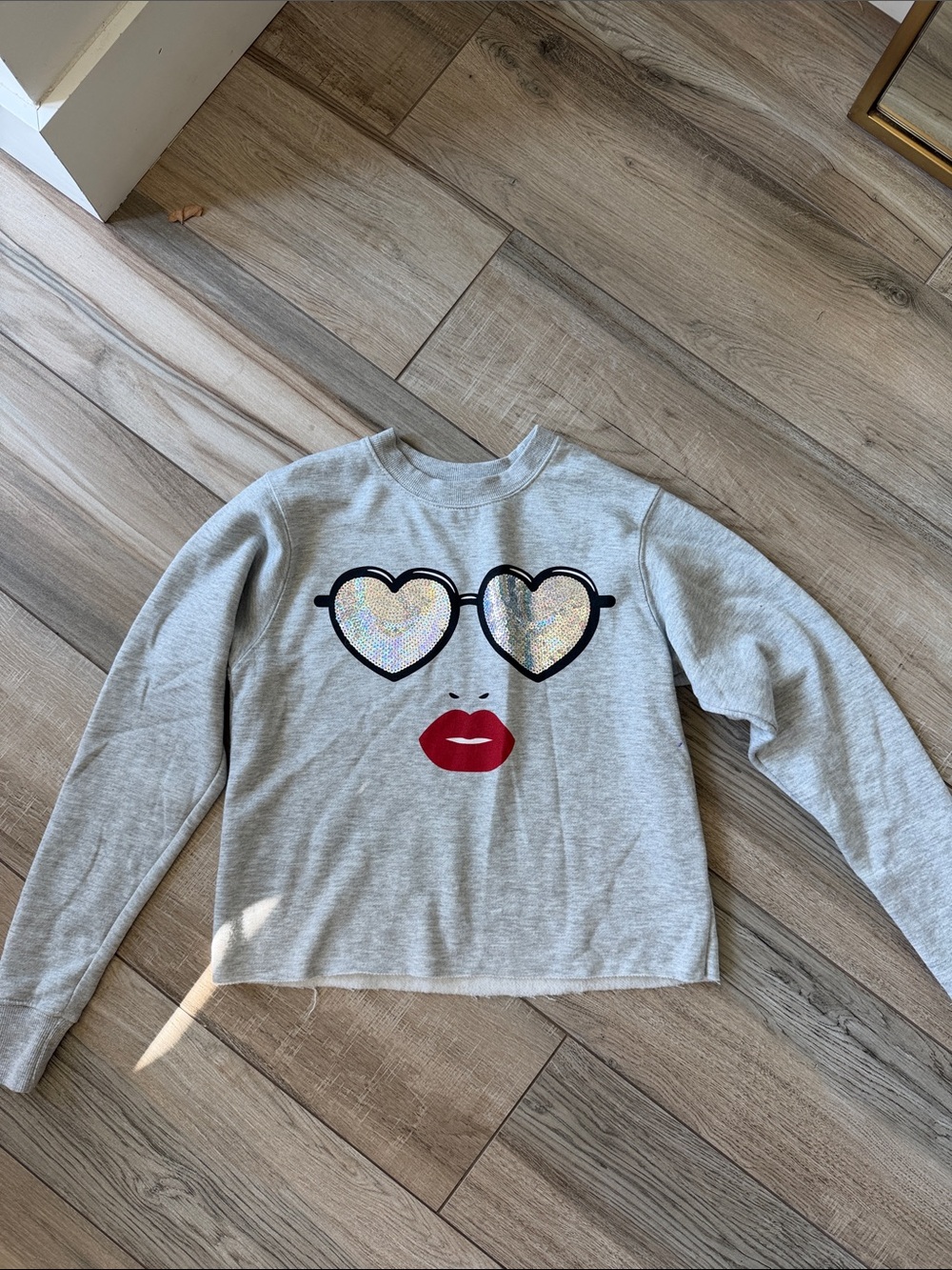 Mighty Fine Gray Crewneck Sweatshirt with Sequin Heart Sunglasses and Red Lips